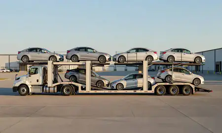 Car transporter parked in an industrial area of Peoria, Illinois, United States