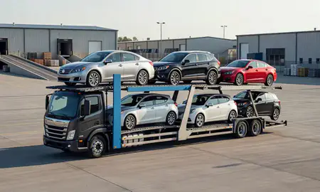 Car transporter loaded with vehicles in Peoria, Illinois, United States