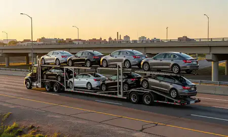 Car transporter with the Peoria, Illinois, United States skyline behind it