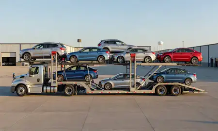 Car transporter parked in an industrial area of Rockford, Illinois, United States