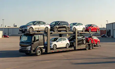 Car transporter loaded with vehicles in Rockford, Illinois, United States