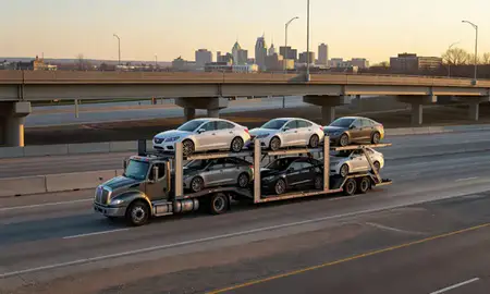 Car transporter with the Rockford, Illinois, United States skyline behind it