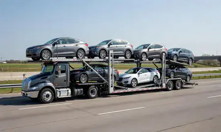 Multi-level car carrier on the highway to Round Lake Beach, Illinois, United States