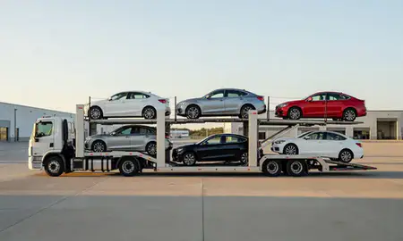 Car transporter parked in an industrial area of Round Lake Beach, Illinois, United States