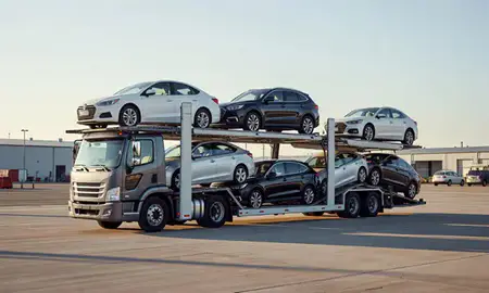 Car transporter loaded with vehicles in Round Lake Beach, Illinois, United States