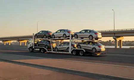 Car transporter with the Round Lake Beach, Illinois, United States skyline behind it