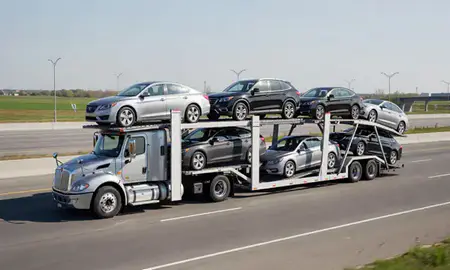 Multi-level car carrier on the highway to Schaumburg, Illinois, United States