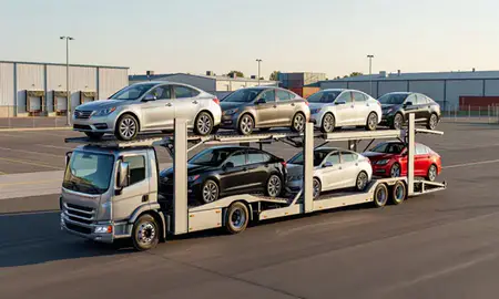 Car transporter loaded with vehicles in Schaumburg, Illinois, United States