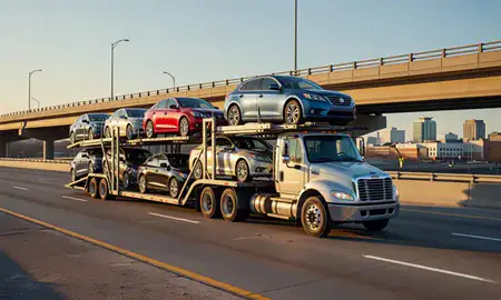 Car transporter with the Schaumburg, Illinois, United States skyline behind it