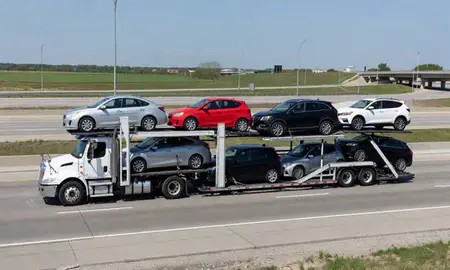 Multi-level car carrier on the highway to Skokie, Illinois, United States