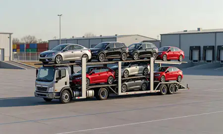 Car transporter loaded with vehicles in Skokie, Illinois, United States