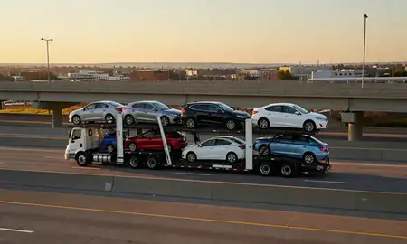 Car transporter with the Skokie, Illinois, United States skyline behind it