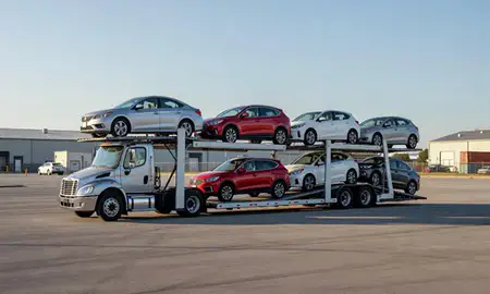 Car transporter loaded with vehicles in Springfield, Illinois, United States