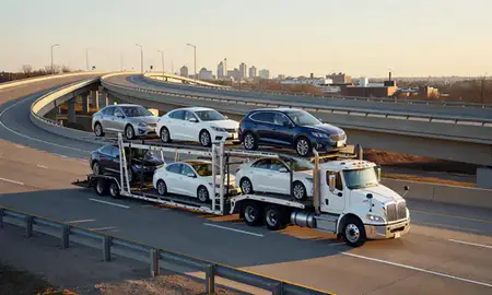 Car transporter with the Springfield, Illinois, United States skyline behind it
