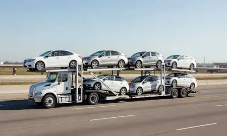 Multi-level car carrier on the highway to Tinley Park, Illinois, United States