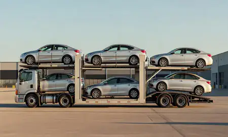 Car transporter parked in an industrial area of Tinley Park, Illinois, United States