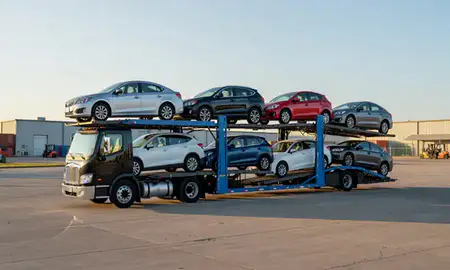 Car transporter loaded with vehicles in Tinley Park, Illinois, United States