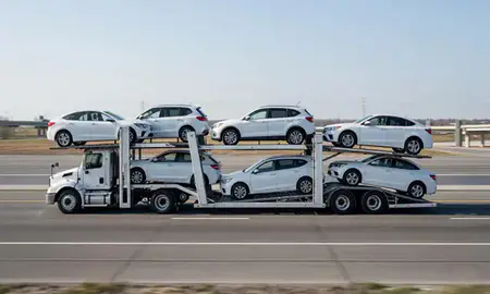 Multi-level car carrier on the highway to Waukegan, Illinois, United States