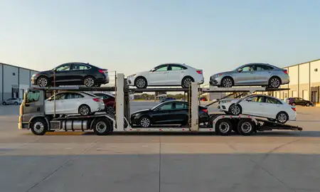 Car transporter parked in an industrial area of Waukegan, Illinois, United States