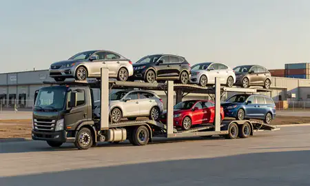 Car transporter loaded with vehicles in Waukegan, Illinois, United States