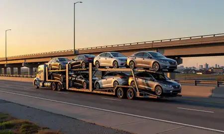 Car transporter with the Waukegan, Illinois, United States skyline behind it