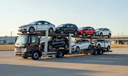 Car transporter loaded with vehicles in Wheaton, Illinois, United States