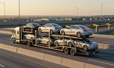 Car transporter with the Wheaton, Illinois, United States skyline behind it