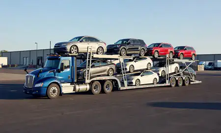 Car transporter loaded with vehicles in Indiana, United States