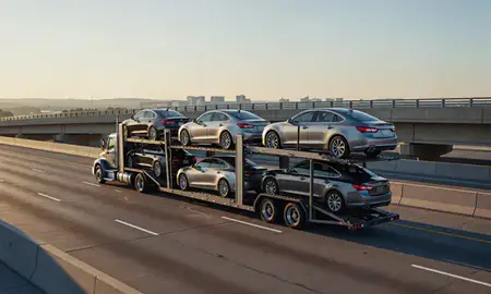 Car transporter with the Indiana, United States skyline behind it