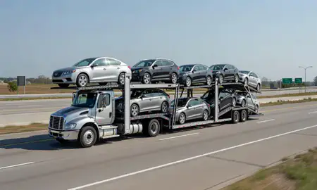 Multi-level car carrier on the highway to Anderson, Indiana, United States