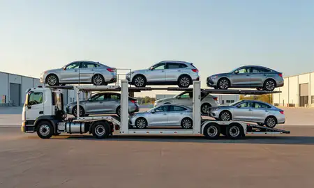 Car transporter parked in an industrial area of Anderson, Indiana, United States