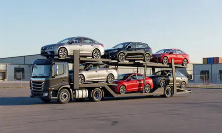 Car transporter loaded with vehicles in Anderson, Indiana, United States