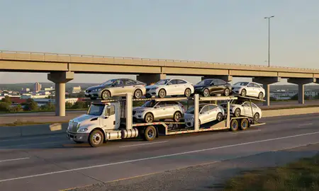 Car transporter with the Anderson, Indiana, United States skyline behind it