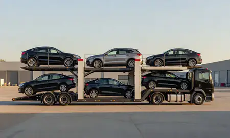 Car transporter parked in an industrial area of Bloomington, Indiana, United States