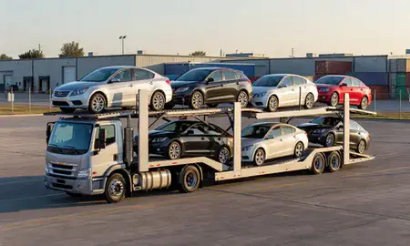 Car transporter loaded with vehicles in Bloomington, Indiana, United States