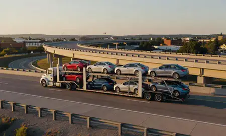 Car transporter with the Bloomington, Indiana, United States skyline behind it