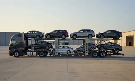 Car transporter parked in an industrial area of Carmel, Indiana, United States