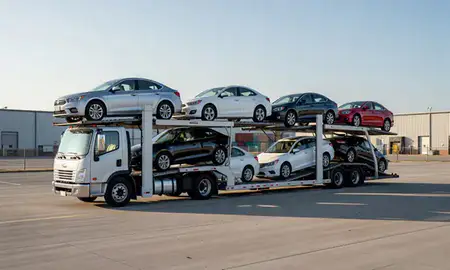 Car transporter loaded with vehicles in Carmel, Indiana, United States