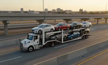 Car transporter with the Carmel, Indiana, United States skyline behind it