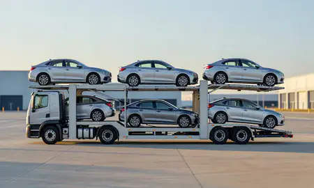 Car transporter parked in an industrial area of Columbus, Indiana, United States