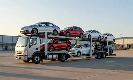 Car transporter loaded with vehicles in Columbus, Indiana, United States