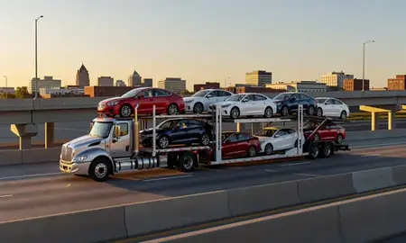 Car transporter with the Columbus, Indiana, United States skyline behind it