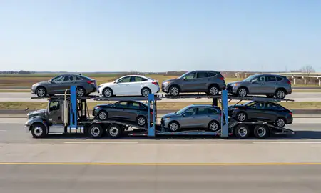Multi-level car carrier on the highway to Elkhart, Indiana, United States