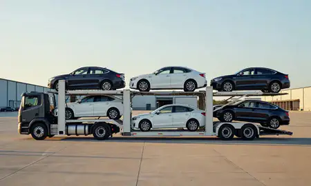 Car transporter parked in an industrial area of Elkhart, Indiana, United States