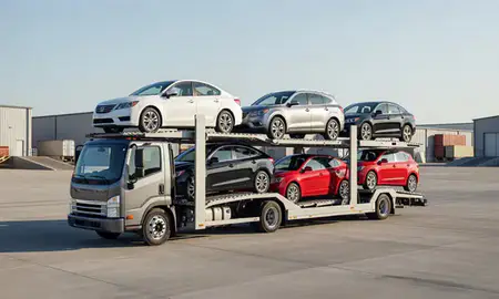 Car transporter loaded with vehicles in Elkhart, Indiana, United States