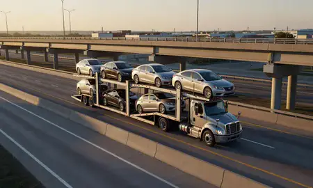 Car transporter with the Elkhart, Indiana, United States skyline behind it