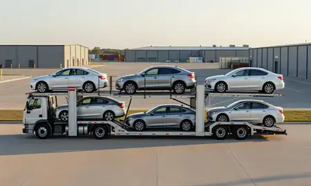 Car transporter parked in an industrial area of Evansville, Indiana, United States