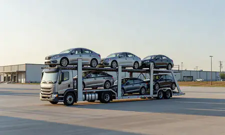 Car transporter loaded with vehicles in Evansville, Indiana, United States