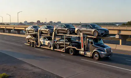 Car transporter with the Evansville, Indiana, United States skyline behind it