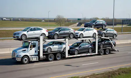 Multi-level car carrier on the highway to Fishers, Indiana, United States
